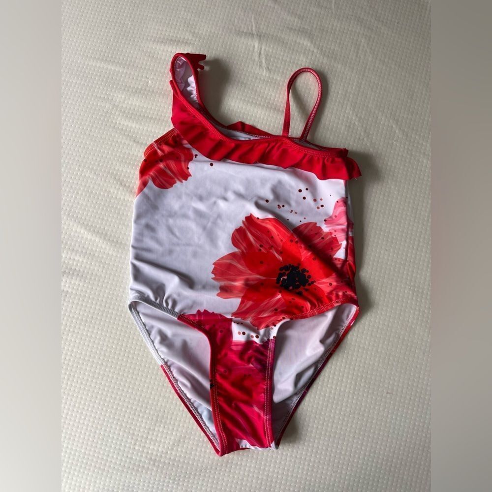 Girls 10 red and white Penelope Plumm poppy one piece swimsuit